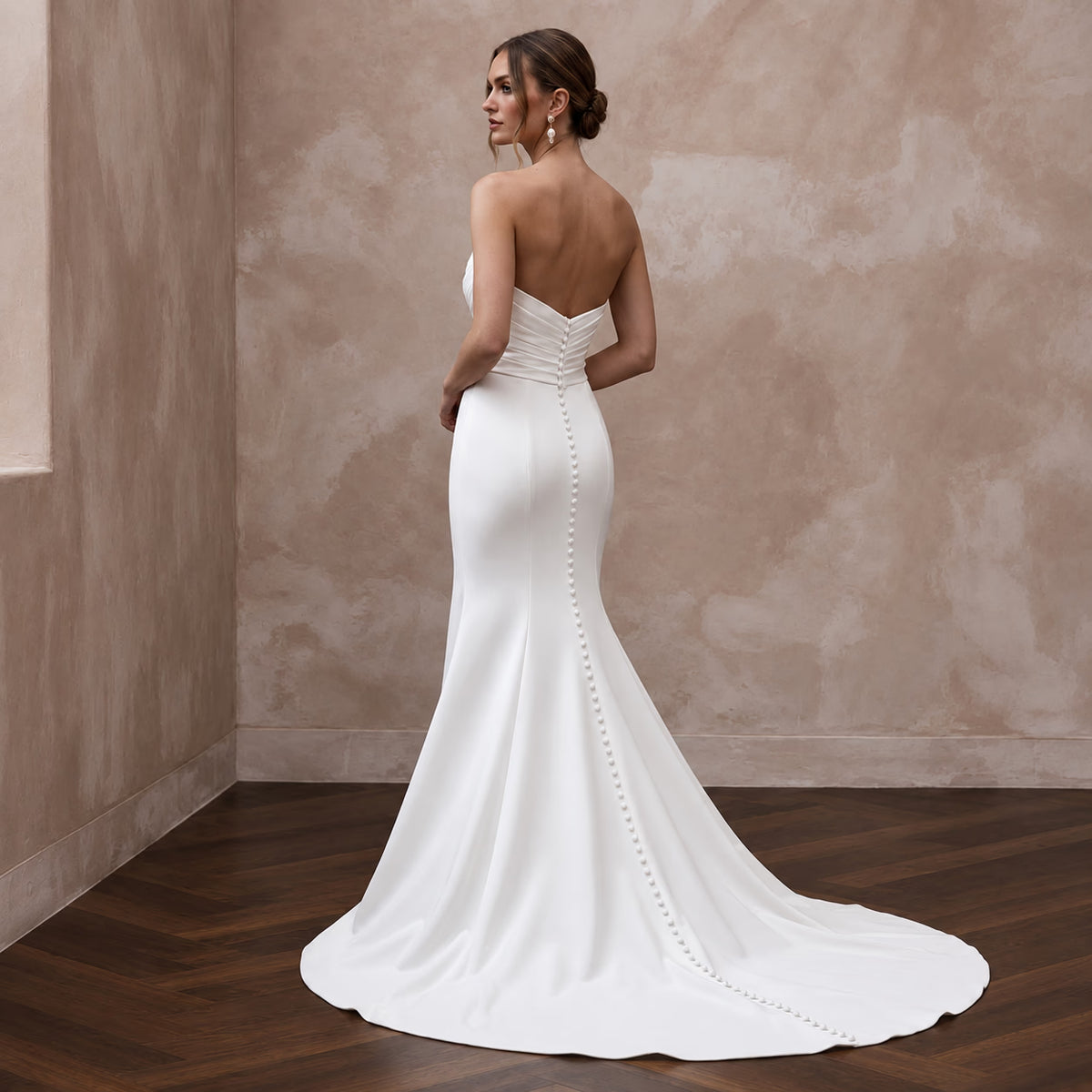 Ivory Matte Satin Ruched Bodice Strapless Fit-and-Flare Wedding Dress