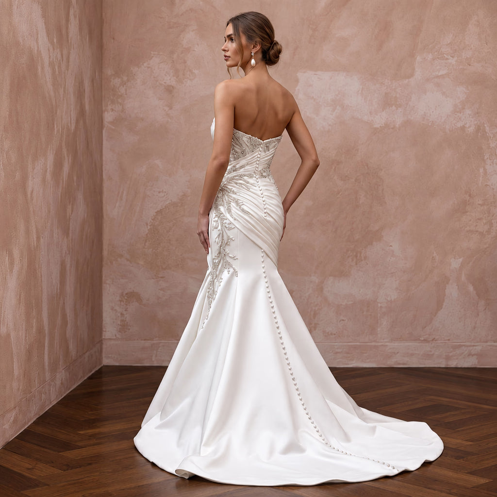 Ivory Matte Satin Ruched Bodice Strapless Fit-and-Flare Wedding Dress