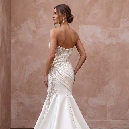 Ivory Matte Satin Ruched Bodice Strapless Fit-and-Flare Wedding Dress