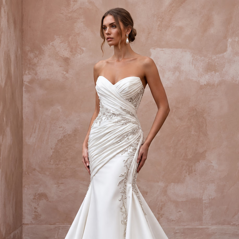 Ivory Matte Satin Ruched Bodice Strapless Fit-and-Flare Wedding Dress