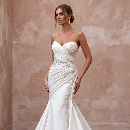 Ivory Matte Satin Ruched Bodice Strapless Fit-and-Flare Wedding Dress