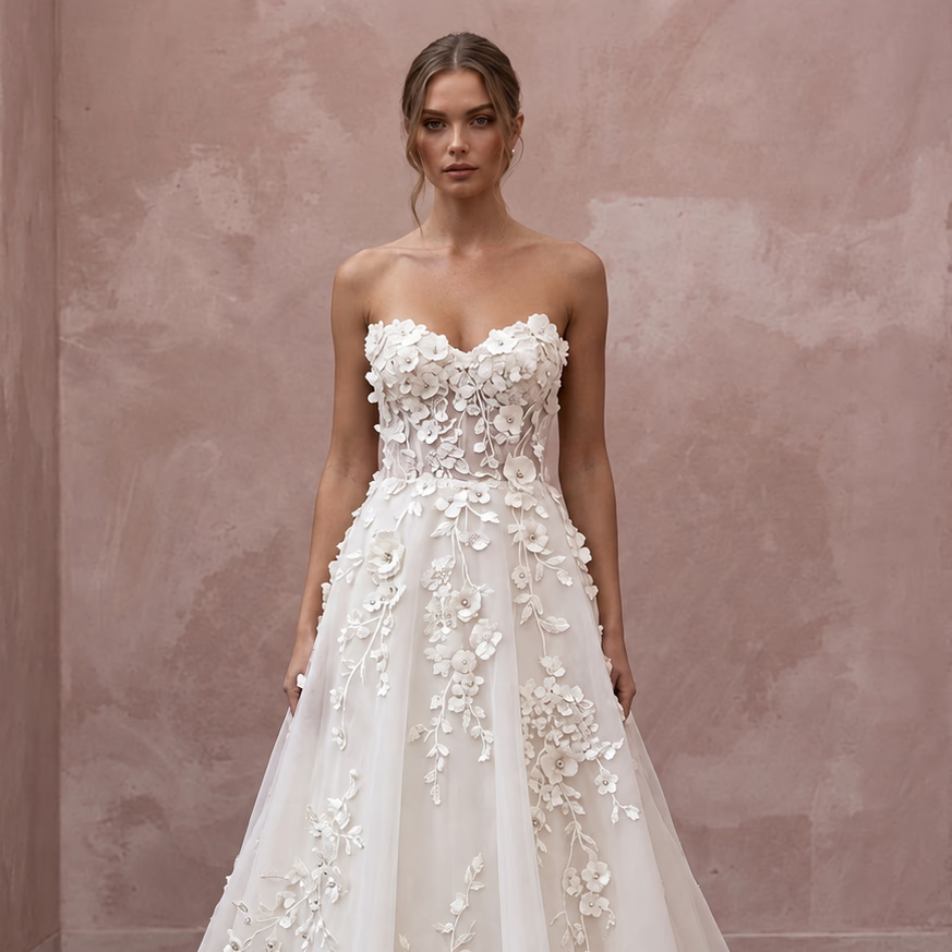 Ivory Organza Floral Applique Strapless Sweetheart A-Line Dress