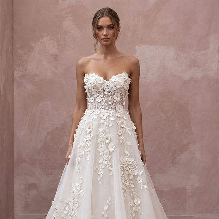 Ivory Organza Floral Applique Strapless Sweetheart A-Line Dress