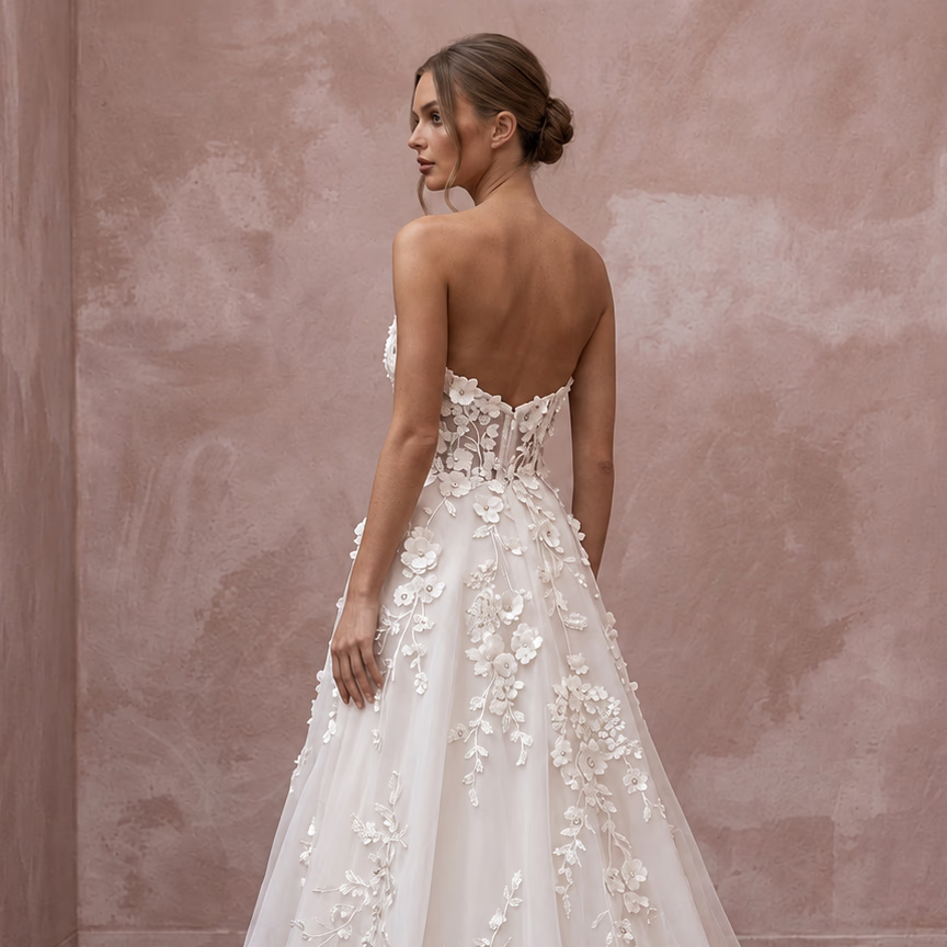Ivory Organza Floral Applique Strapless Sweetheart A-Line Dress
