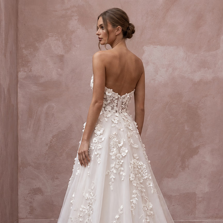 Ivory Organza Floral Applique Strapless Sweetheart A-Line Dress