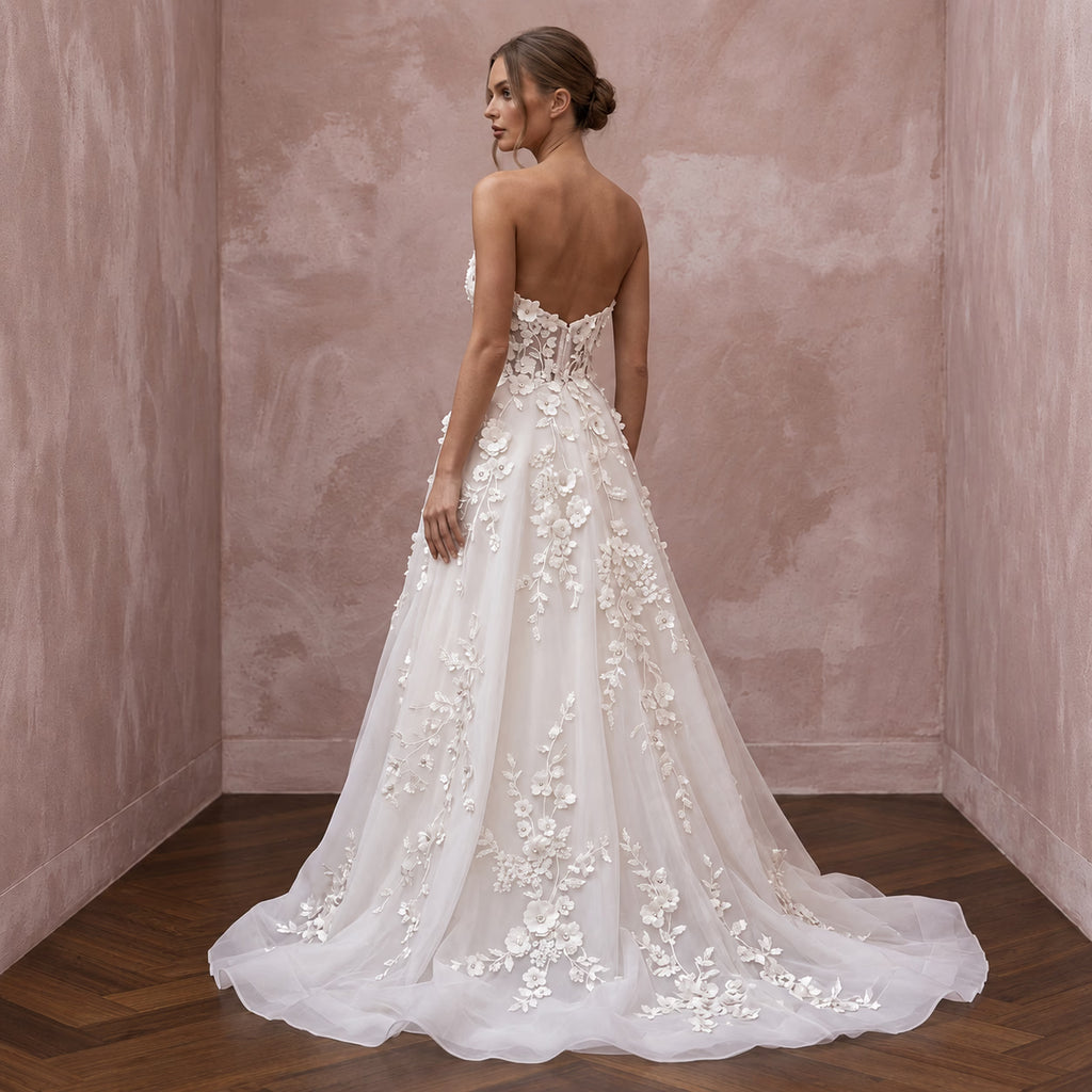 Ivory Organza Floral Applique Strapless Sweetheart A-Line Dress