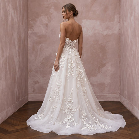 Ivory Organza Floral Applique Strapless Sweetheart A-Line Dress