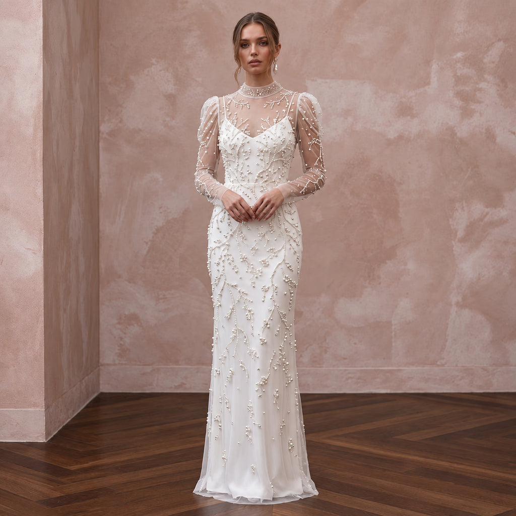 Ivory Pearl - Embellished Mesh Overlay Column Dress for Post - Wedding Brunch - Apparel & Accessories > Clothing > Wedding & Bridal Party Dresses > Wedding Dresses - Mignonette Bridal