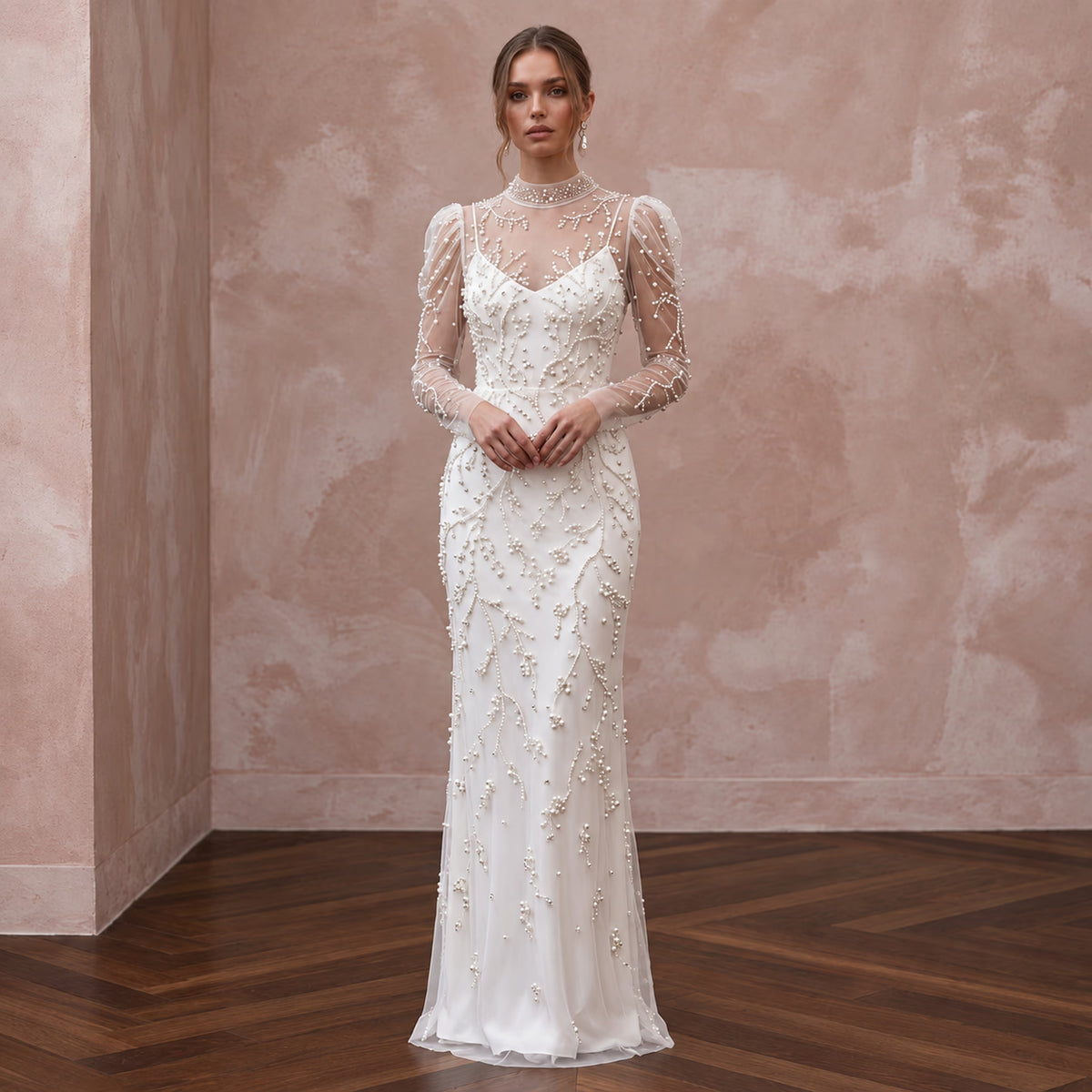 Ivory Pearl - Embellished Mesh Overlay Column Dress for Post - Wedding Brunch - Apparel & Accessories > Clothing > Wedding & Bridal Party Dresses > Wedding Dresses - Mignonette Bridal