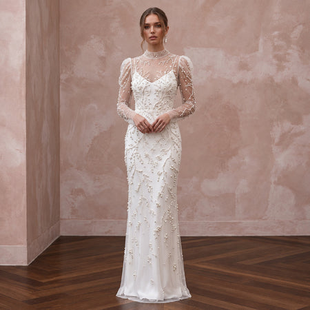 Ivory Pearl - Embellished Mesh Overlay Column Dress for Post - Wedding Brunch - Apparel & Accessories > Clothing > Wedding & Bridal Party Dresses > Wedding Dresses - Mignonette Bridal