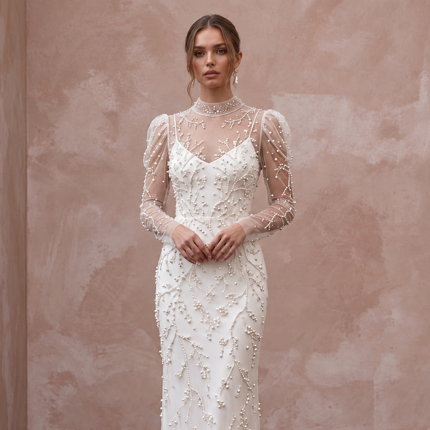 Ivory Pearl - Embellished Mesh Overlay Column Dress for Post - Wedding Brunch - Apparel & Accessories > Clothing > Wedding & Bridal Party Dresses > Wedding Dresses - Mignonette Bridal
