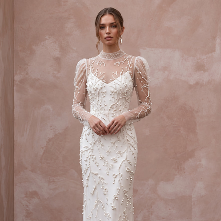 Ivory Pearl - Embellished Mesh Overlay Column Dress for Post - Wedding Brunch - Apparel & Accessories > Clothing > Wedding & Bridal Party Dresses > Wedding Dresses - Mignonette Bridal