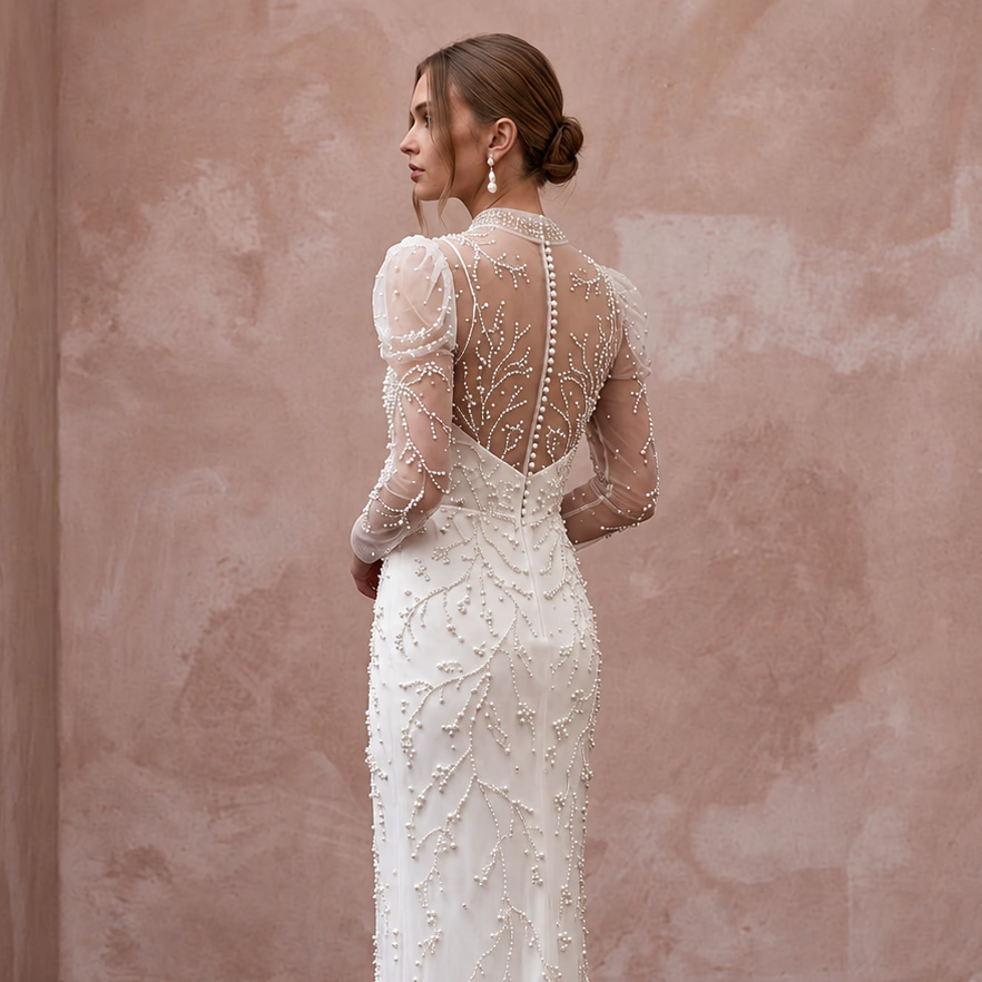 Ivory Pearl - Embellished Mesh Overlay Column Dress for Post - Wedding Brunch - Apparel & Accessories > Clothing > Wedding & Bridal Party Dresses > Wedding Dresses - Mignonette Bridal