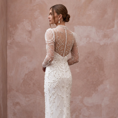 Ivory Pearl - Embellished Mesh Overlay Column Dress for Post - Wedding Brunch - Apparel & Accessories > Clothing > Wedding & Bridal Party Dresses > Wedding Dresses - Mignonette Bridal