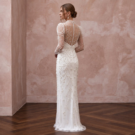 Ivory Pearl - Embellished Mesh Overlay Column Dress for Post - Wedding Brunch - Apparel & Accessories > Clothing > Wedding & Bridal Party Dresses > Wedding Dresses - Mignonette Bridal