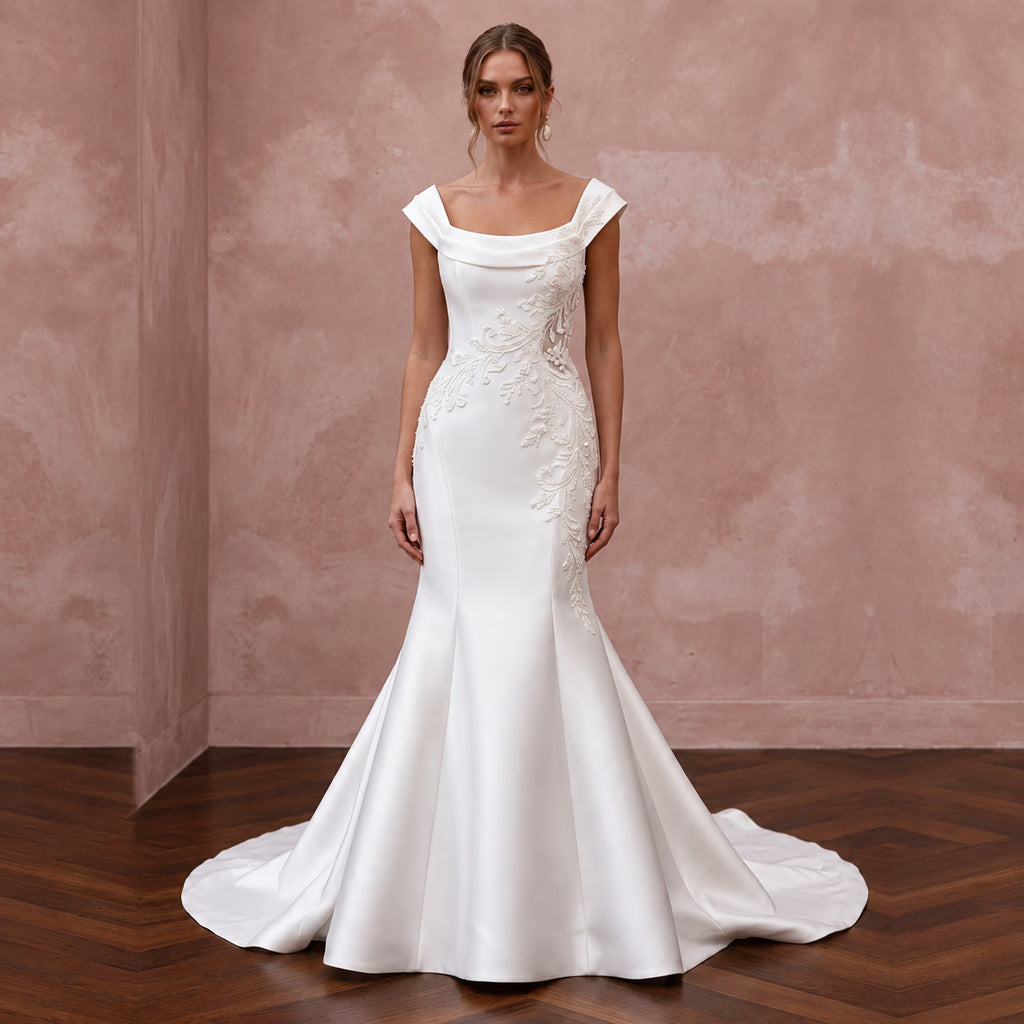 Ivory Portrait Neckline Mikado Fit - and - Flare Wedding Dress for Cathedral Ceremony - Apparel & Accessories > Clothing > Wedding & Bridal Party Dresses > Wedding Dresses - Mignonette Bridal