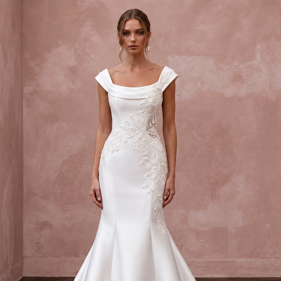 Ivory Portrait Neckline Mikado Fit - and - Flare Wedding Dress for Cathedral Ceremony - Apparel & Accessories > Clothing > Wedding & Bridal Party Dresses > Wedding Dresses - Mignonette Bridal