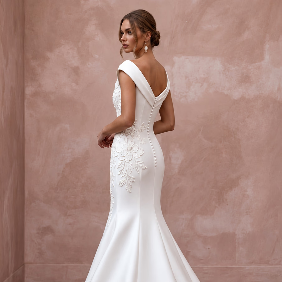 Ivory Portrait Neckline Mikado Fit - and - Flare Wedding Dress for Cathedral Ceremony - Apparel & Accessories > Clothing > Wedding & Bridal Party Dresses > Wedding Dresses - Mignonette Bridal