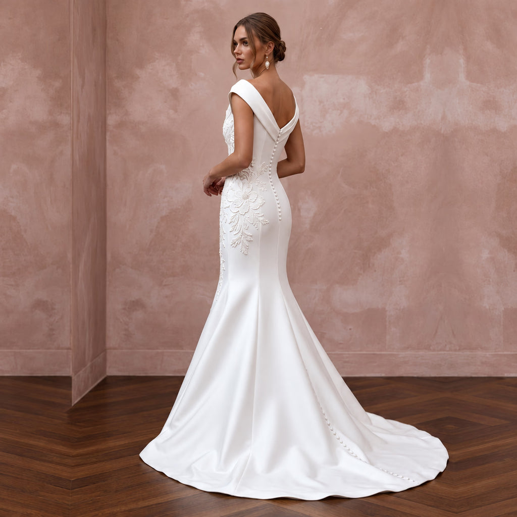 Ivory Portrait Neckline Mikado Fit - and - Flare Wedding Dress for Cathedral Ceremony - Apparel & Accessories > Clothing > Wedding & Bridal Party Dresses > Wedding Dresses - Mignonette Bridal