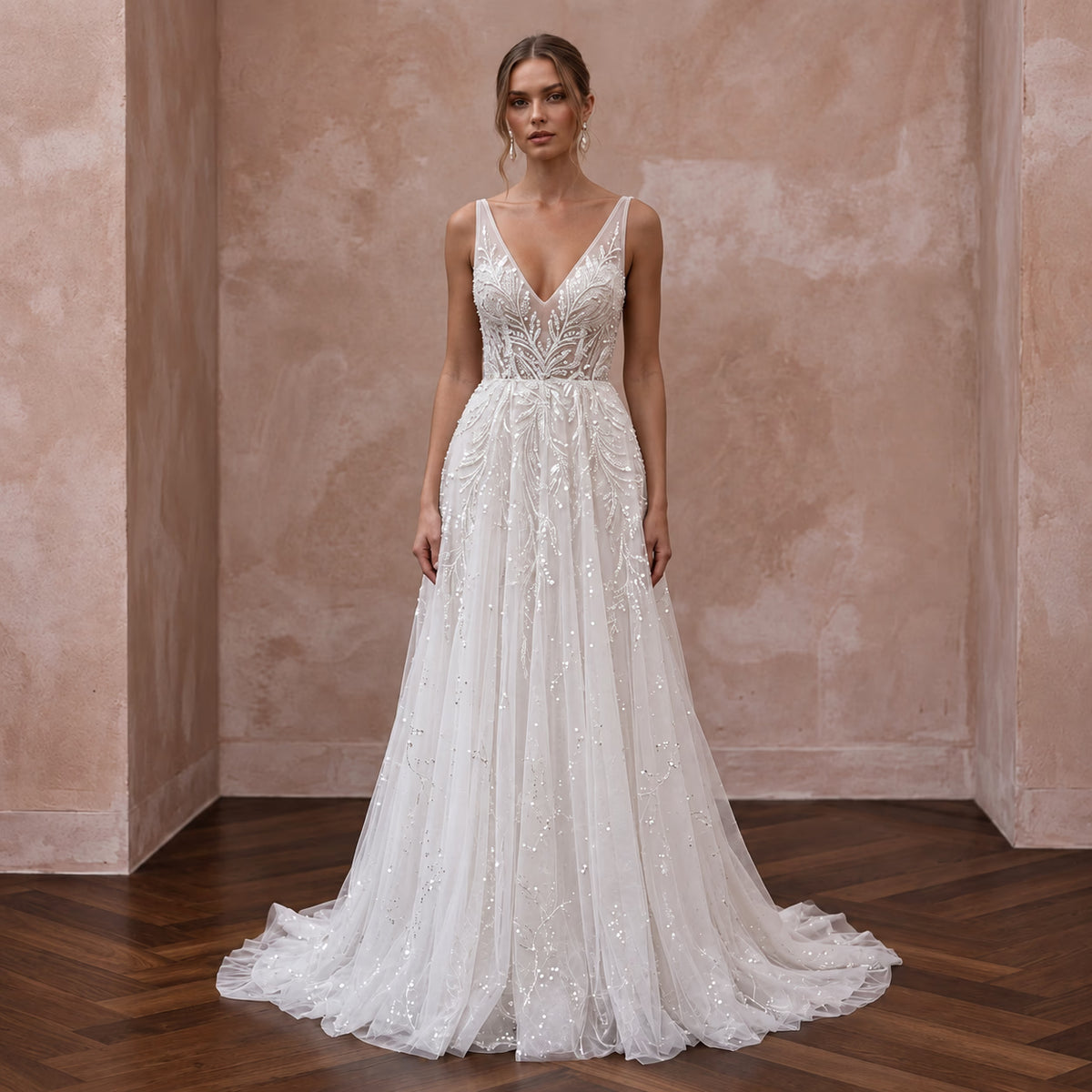 Ivory Sequin Tulle V-Neck A-Line Dress for Twilight Ceremony