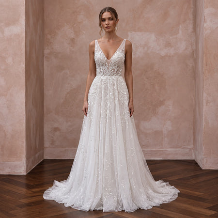 Ivory Sequin Tulle V-Neck A-Line Dress for Twilight Ceremony