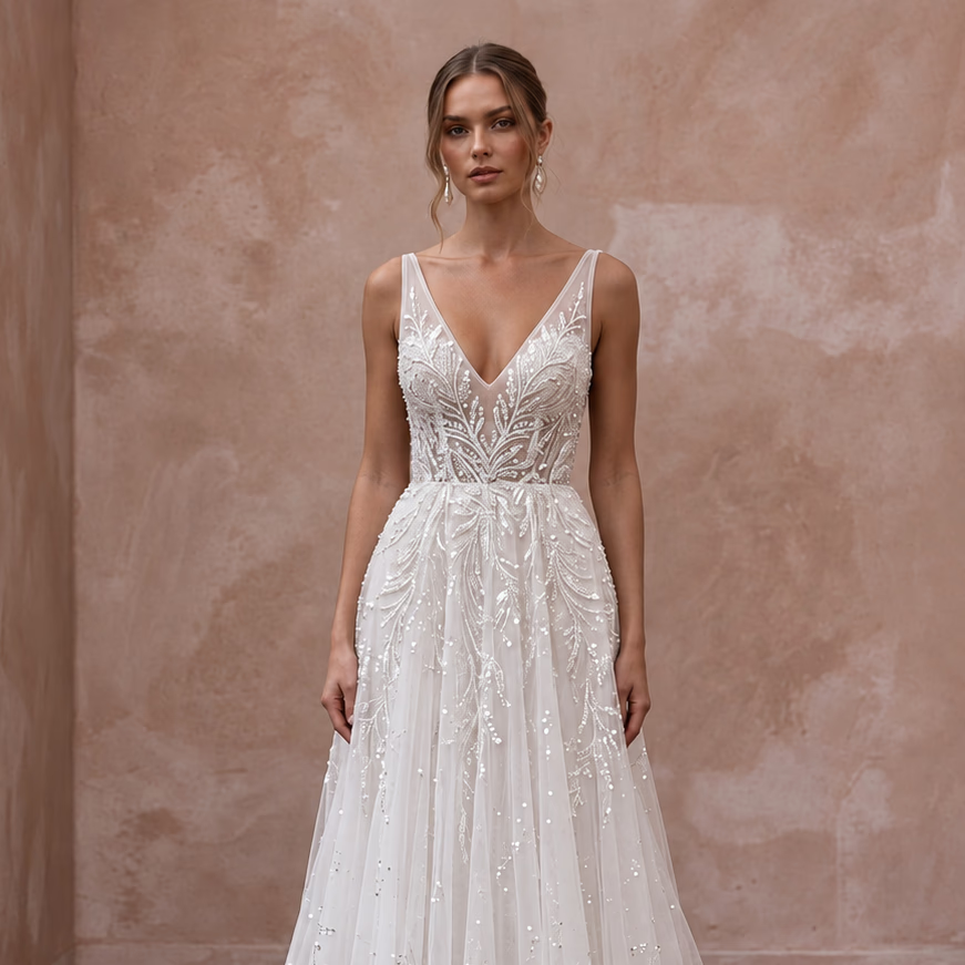 Ivory Sequin Tulle V-Neck A-Line Dress for Twilight Ceremony