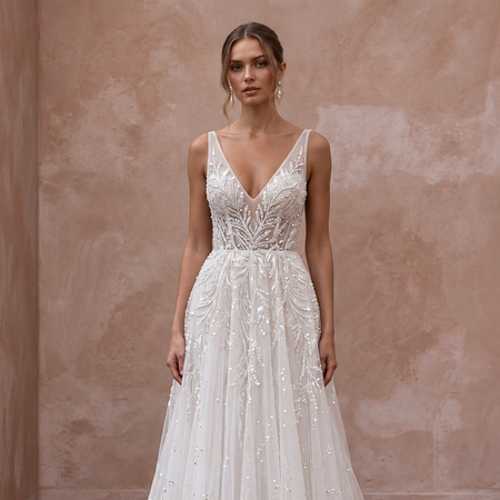 Ivory Sequin Tulle V-Neck A-Line Dress for Twilight Ceremony