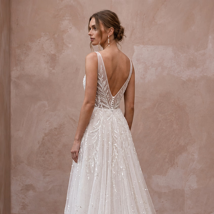 Ivory Sequin Tulle V-Neck A-Line Dress for Twilight Ceremony