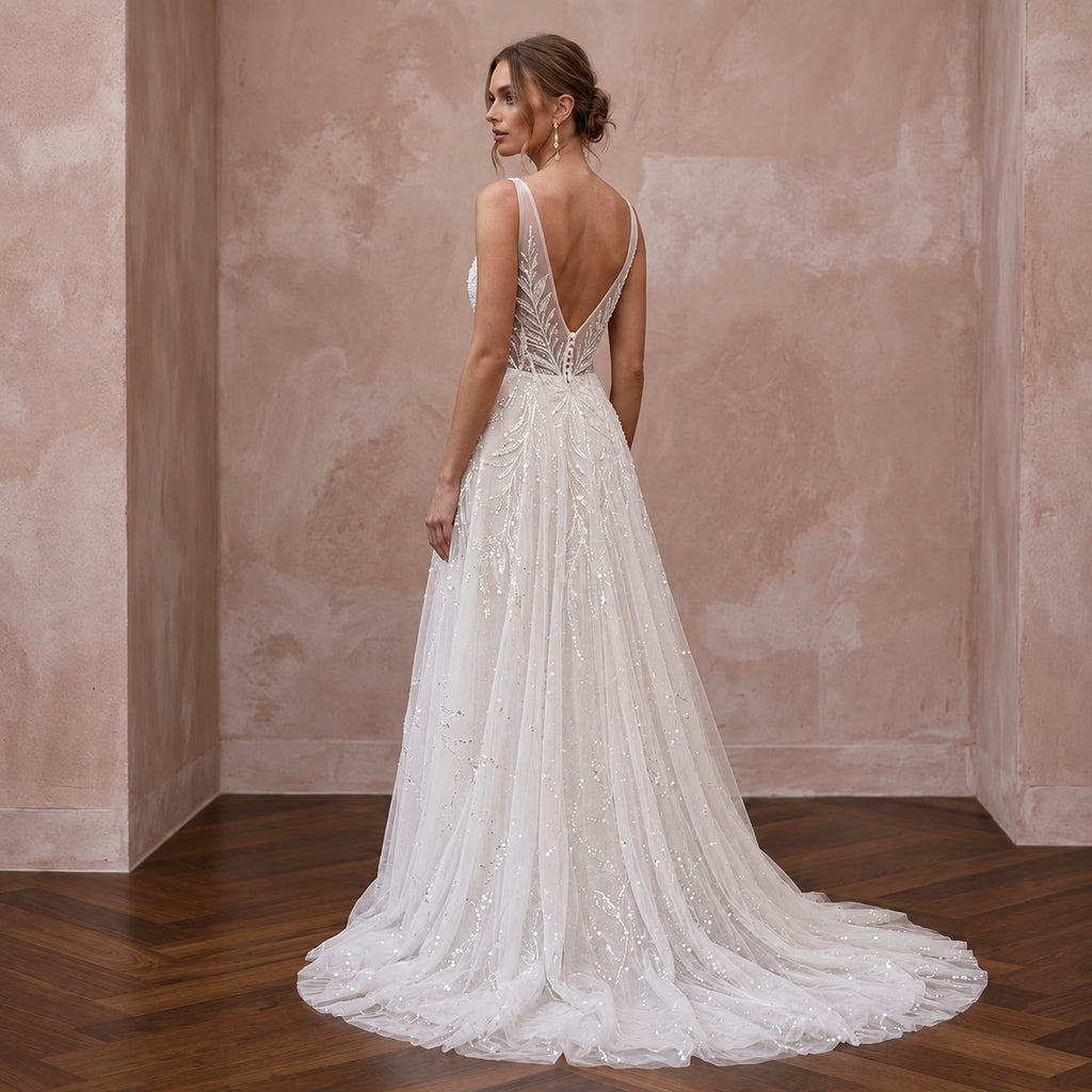 Ivory Sequin Tulle V-Neck A-Line Dress for Twilight Ceremony