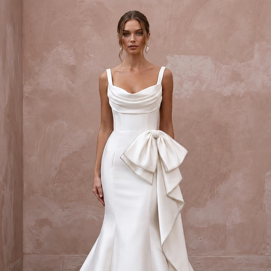 Ivory Silk Mikado Asymmetrical Bow Detail Trumpet Wedding Gown