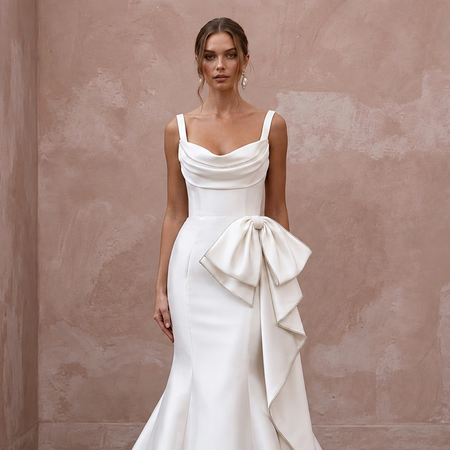 Ivory Silk Mikado Asymmetrical Bow Detail Trumpet Wedding Gown