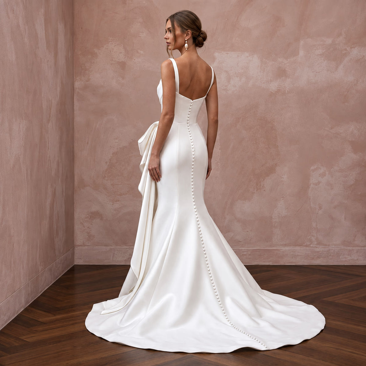 Ivory Silk Mikado Asymmetrical Bow Detail Trumpet Wedding Gown