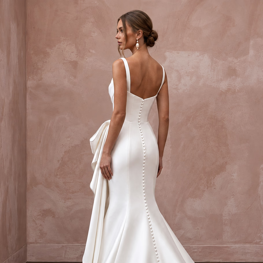 Ivory Silk Mikado Asymmetrical Bow Detail Trumpet Wedding Gown