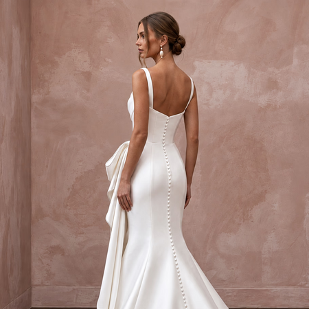 Ivory Silk Mikado Asymmetrical Bow Detail Trumpet Wedding Gown