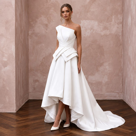 Ivory Silk Mikado High-Low Hem Architectural Wedding Dress