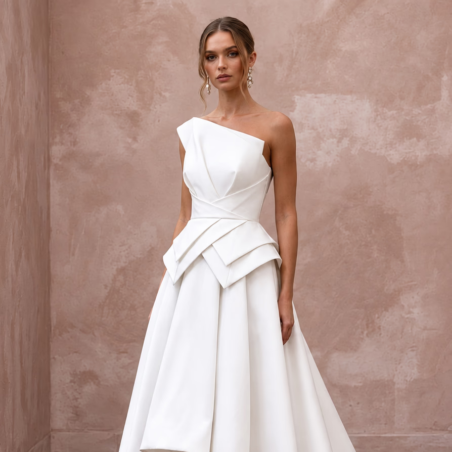 Ivory Silk Mikado High-Low Hem Architectural Wedding Dress