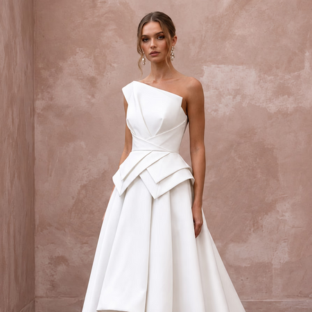 Ivory Silk Mikado High-Low Hem Architectural Wedding Dress