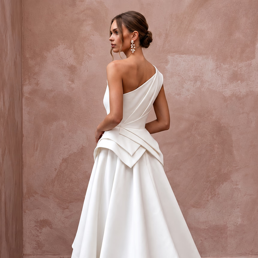 Ivory Silk Mikado High-Low Hem Architectural Wedding Dress
