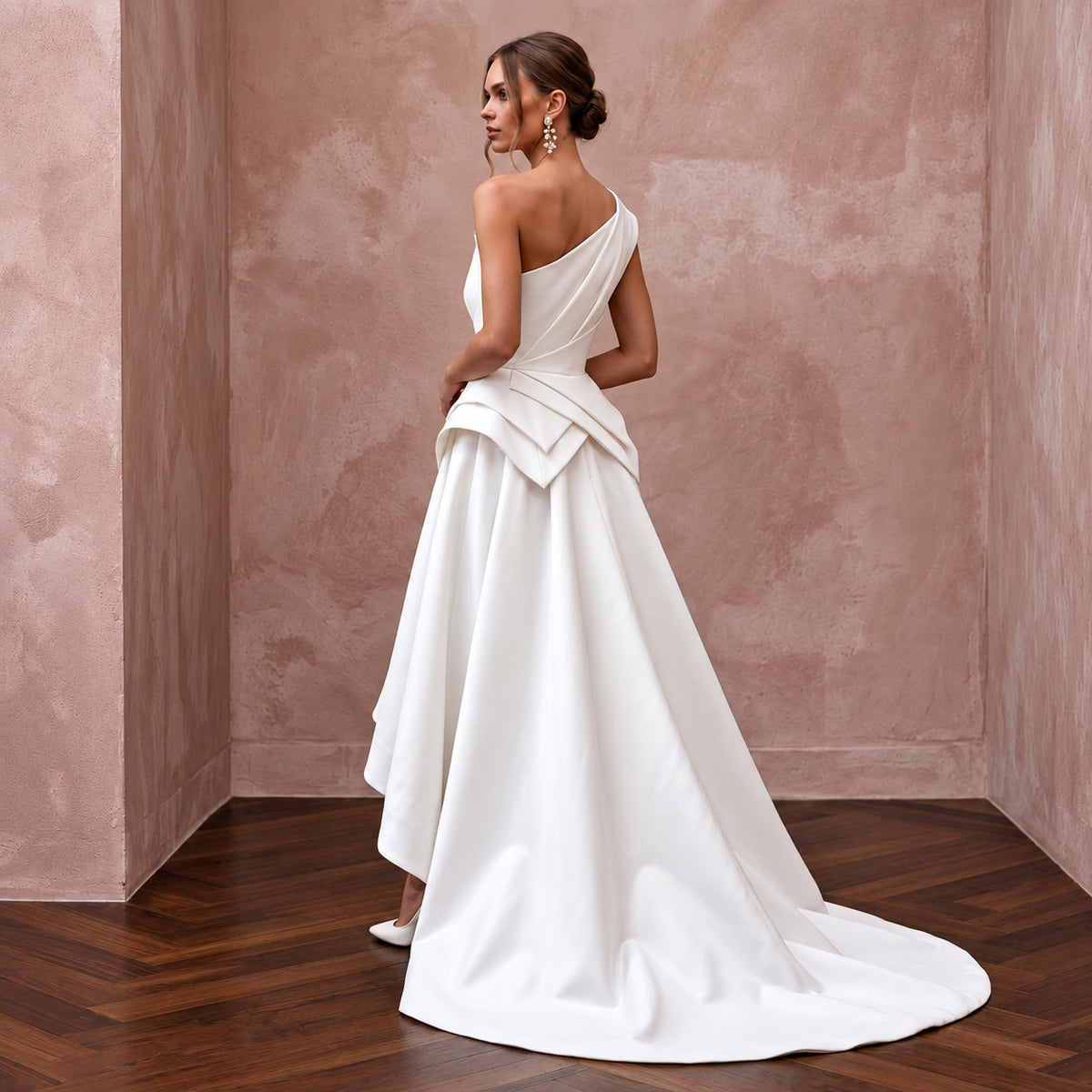 Ivory Silk Mikado High-Low Hem Architectural Wedding Dress