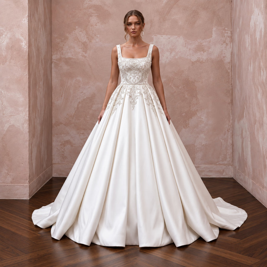 Ivory Square Neck Mikado Ball Gown for Traditional Church Wedding