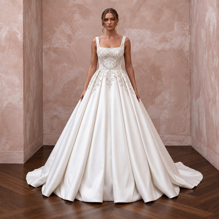 Ivory Square Neck Mikado Ball Gown for Traditional Church Wedding