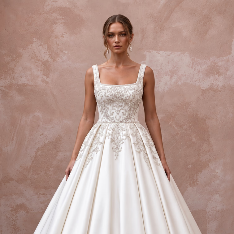 Ivory Square Neck Mikado Ball Gown for Traditional Church Wedding