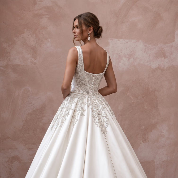 Ivory Square Neck Mikado Ball Gown for Traditional Church Wedding