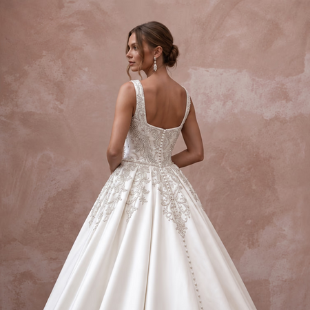 Ivory Square Neck Mikado Ball Gown for Traditional Church Wedding