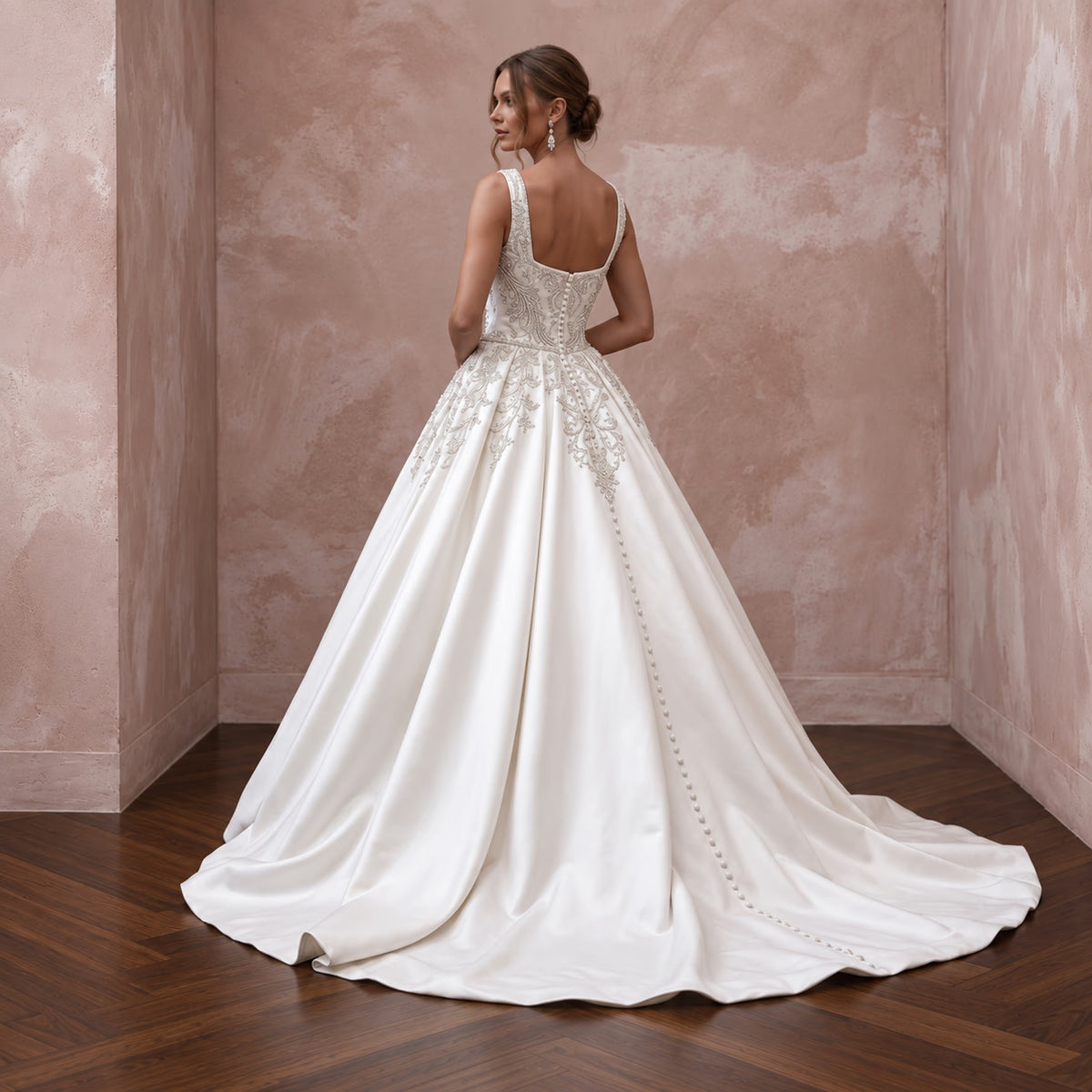 Ivory Square Neck Mikado Ball Gown for Traditional Church Wedding