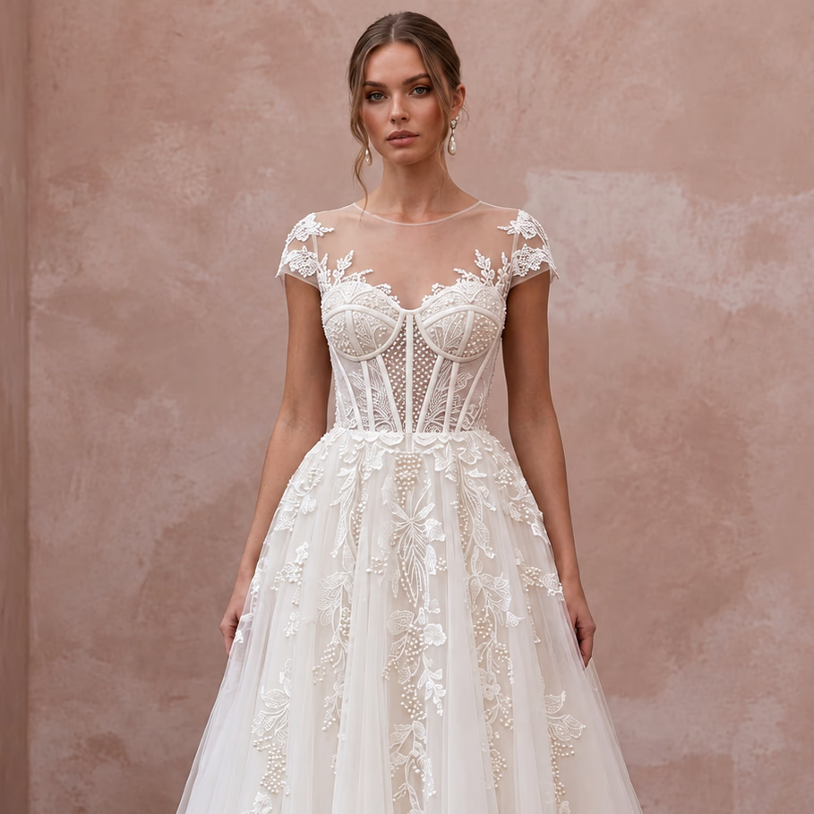 Ivory Tulle Corset Bodice Tea - Length Dress for 1950s Themed Reception - Apparel & Accessories > Clothing > Wedding & Bridal Party Dresses > Wedding Dresses - Mignonette Bridal