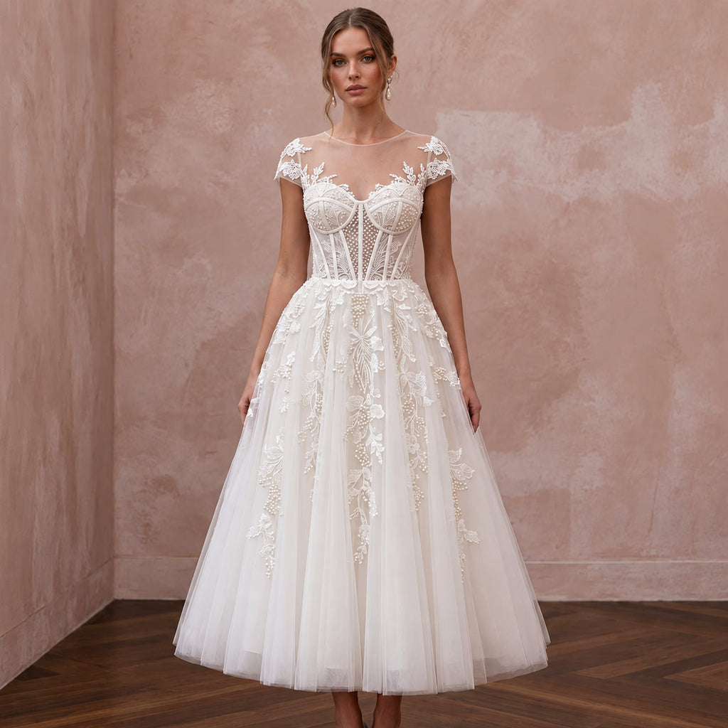 Ivory Tulle Corset Bodice Tea - Length Dress for 1950s Themed Reception - Apparel & Accessories > Clothing > Wedding & Bridal Party Dresses > Wedding Dresses - Mignonette Bridal