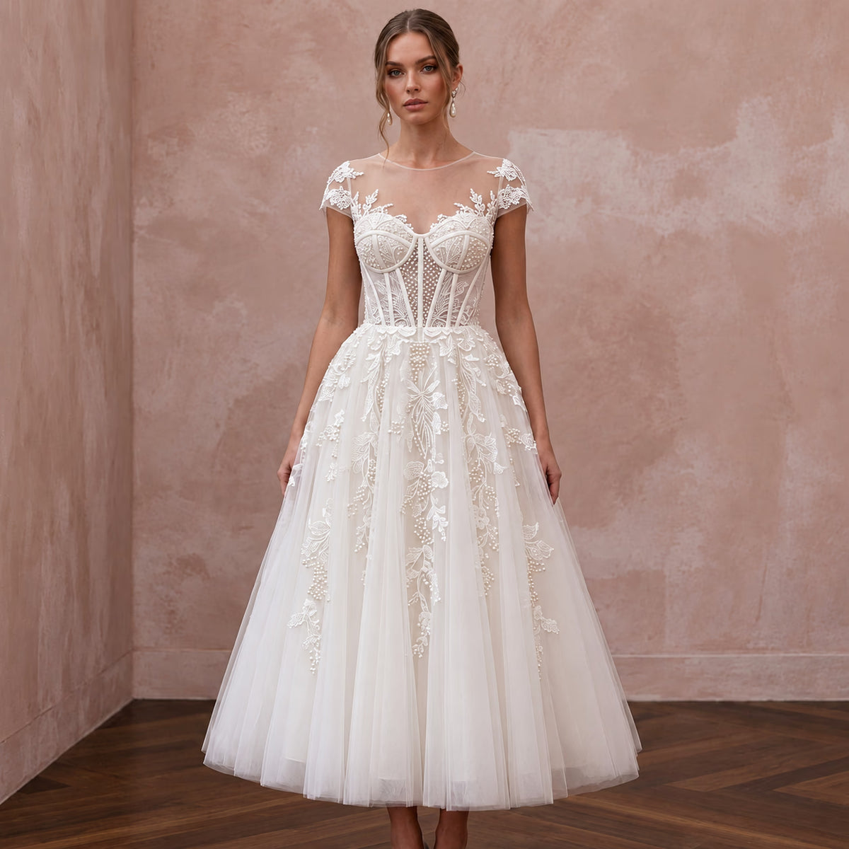 Ivory Tulle Corset Bodice Tea - Length Dress for 1950s Themed Reception - Apparel & Accessories > Clothing > Wedding & Bridal Party Dresses > Wedding Dresses - Mignonette Bridal