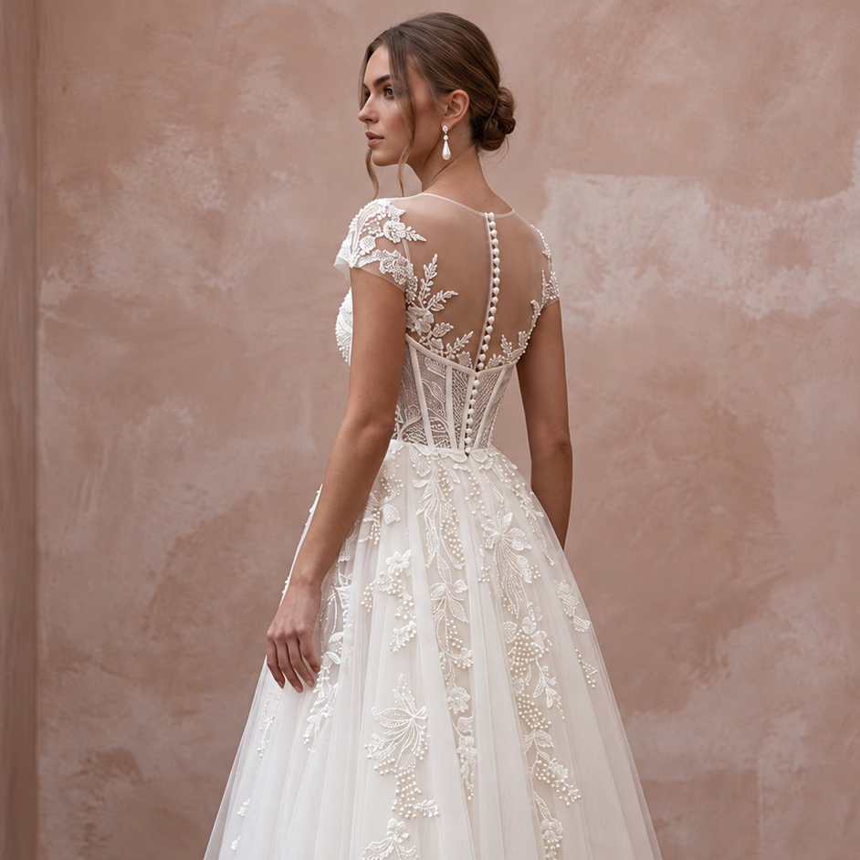 Ivory Tulle Corset Bodice Tea - Length Dress for 1950s Themed Reception - Apparel & Accessories > Clothing > Wedding & Bridal Party Dresses > Wedding Dresses - Mignonette Bridal