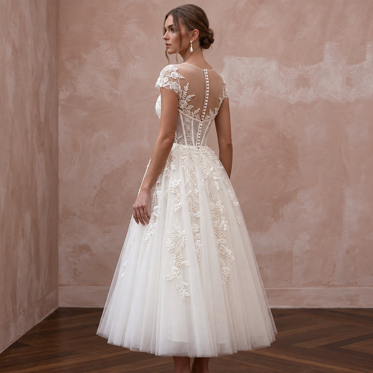 Ivory Tulle Corset Bodice Tea - Length Dress for 1950s Themed Reception - Apparel & Accessories > Clothing > Wedding & Bridal Party Dresses > Wedding Dresses - Mignonette Bridal